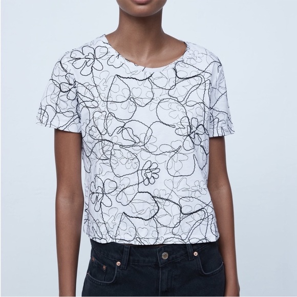 Zara Tops - Zara Embroidered Crop T Shirt White Black Medium Short Sleeve